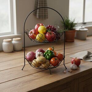 Black Wire 2-Tier Vintage Fruit Basket Stand With Scroll Design Kitchen Storage